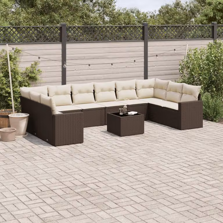vidaXL Set Divani da Giardino 11 pz a Forma a L in Polyrattan Marrone e Bianco con Cuscini e Tavolino
