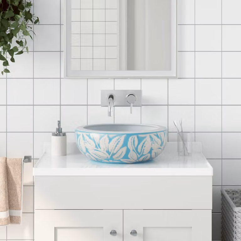 vidaXL Lavabo da Appoggio Rotondo in Ceramica Bianco e Blu Diametro: 41 cm, Altezza: 14 cm