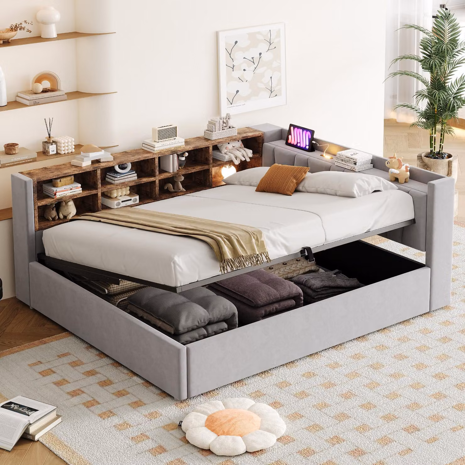 Letto imbottito Flieks 140x200cm con funzione di ricarica e luce notturna, divano letto da giorno con schienale e contenitore, letto per ragazzi letto per bambini, velluto, grigio chiaro