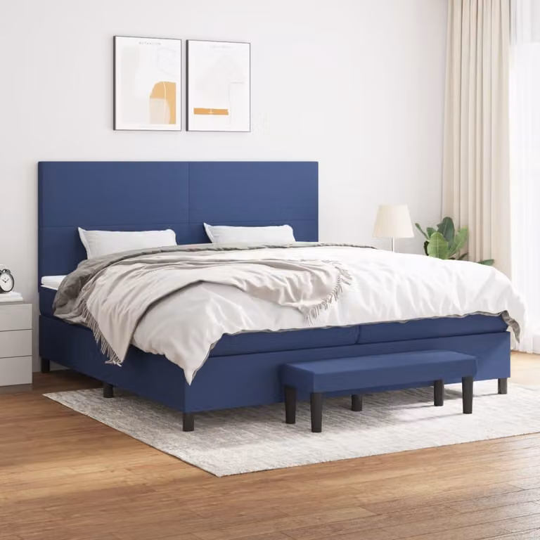 vidaXL Giroletto a Molle Ibrido con Materasso in Tessuto Blu e Bianco L/P/H: 200 x 200 x 128 cm