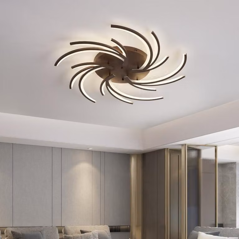 Lampada a soffitto a LED, modello 2042K-5, diametro 102 cm, con telecomando. Possibilità di regolare il colore e l'intensità della luce. Paralume in acrilico bianco, struttura in metallo verniciata di colore caffè. Design moderno. Classe di efficienza ene