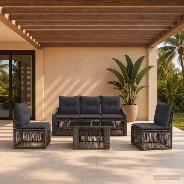 Set da giardino vidaXL in polyrattan composto da 6 pezzi con divano a 3 posti, tavolino da caffè e cuscini in tessuto nei colori grigio e antracite – 1