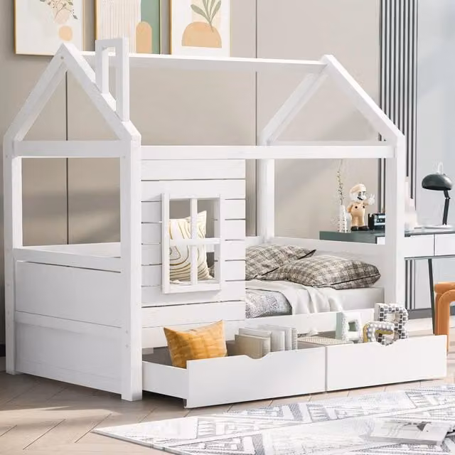 Letto a casetta in legno massello di pino bianco 80×160 cm con finestrella, sponde di protezione e rete a doghe, per bambini