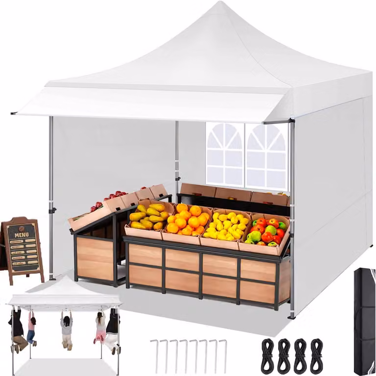 Gazebo da esterno 3x3 metri con tenda parasole estesa, 3 pareti laterali, impermeabile, resistente alle intemperie, colore bianco