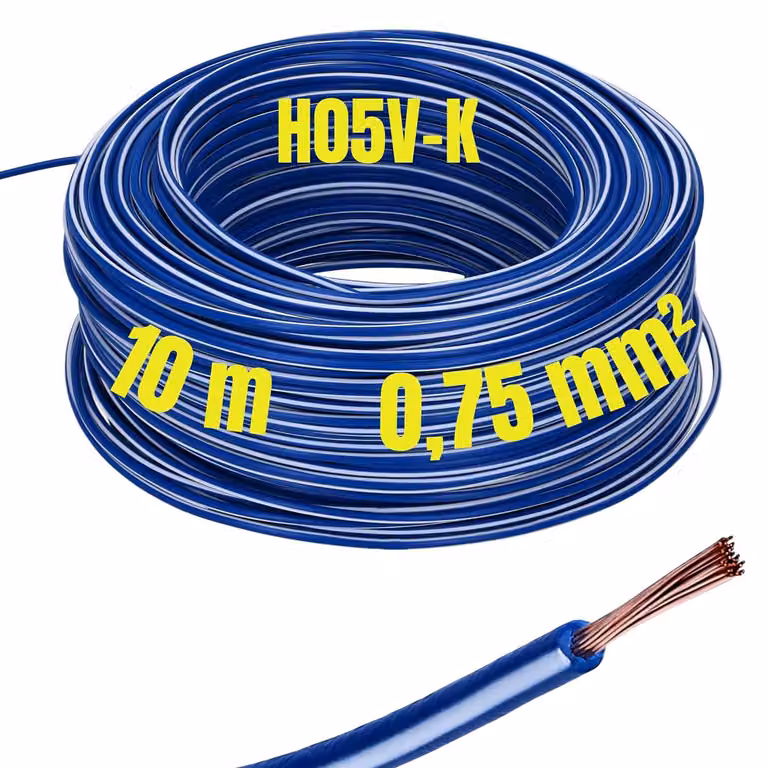 Kalitec 10 metri H05V-K 0,75 mm² blu scuro-bianco Cavo di cablaggio I Cavo a nucleo flessibile I Cavo unipolare in PVC I Cavo a trefoli 0,75 mm2 I Cablaggio a filo sottile I Conduttore singolo I Cavo unipolare I Cavo di commutazione