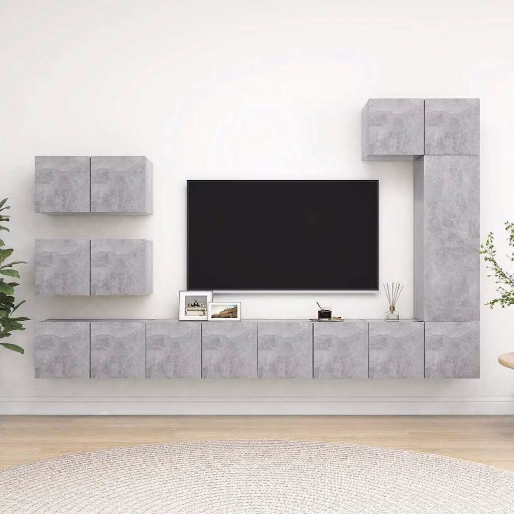 Set di mobili porta TV moderno vidaXL in 8 pezzi, colore grigio cemento, in legno e MDF per il tuo soggiorno