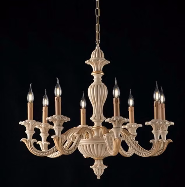 Lampadario a soffitto Bonetti Illumina in legno bianco e oro con otto luci, L: 80 cm, H: 70 cm