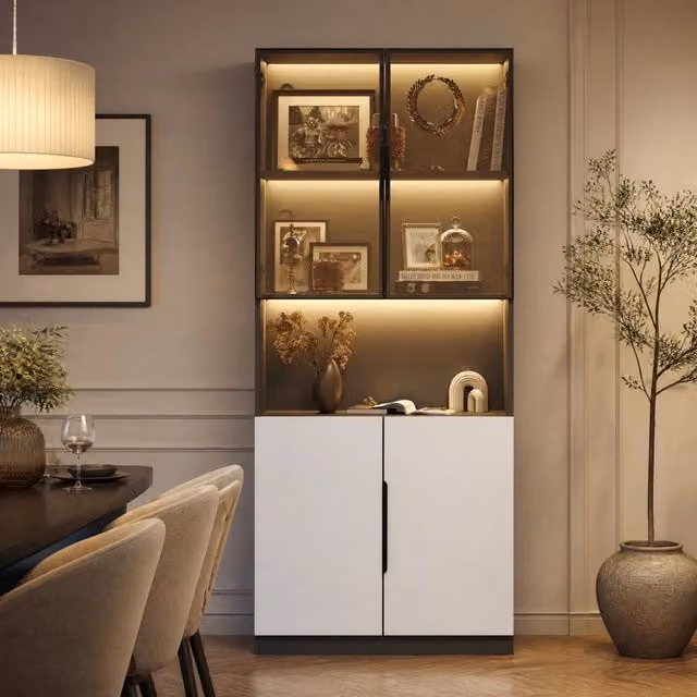 Vetrina ULEVR 80x30x200 cm con ante in vetro temperato, LED controllabili tramite app e ripiano regolabile, bianco e nero