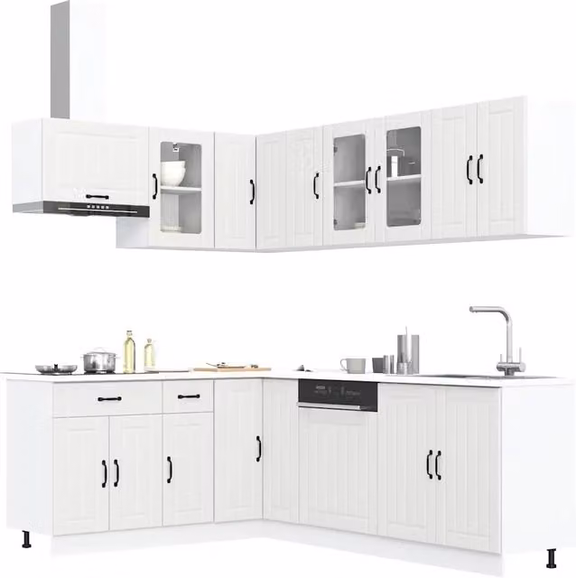 Set di mobili da cucina moderno vidaXL in legno e vetro bianco con ante a battente e scaffali interni