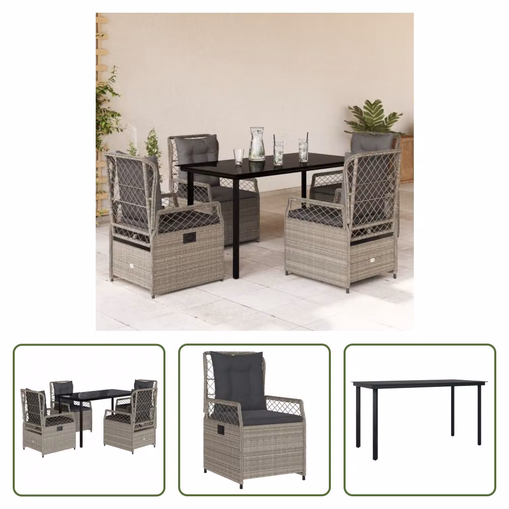 The Living Store Set da pranzo da giardino 5 pezzi con cuscini in rattan grigio chiaro