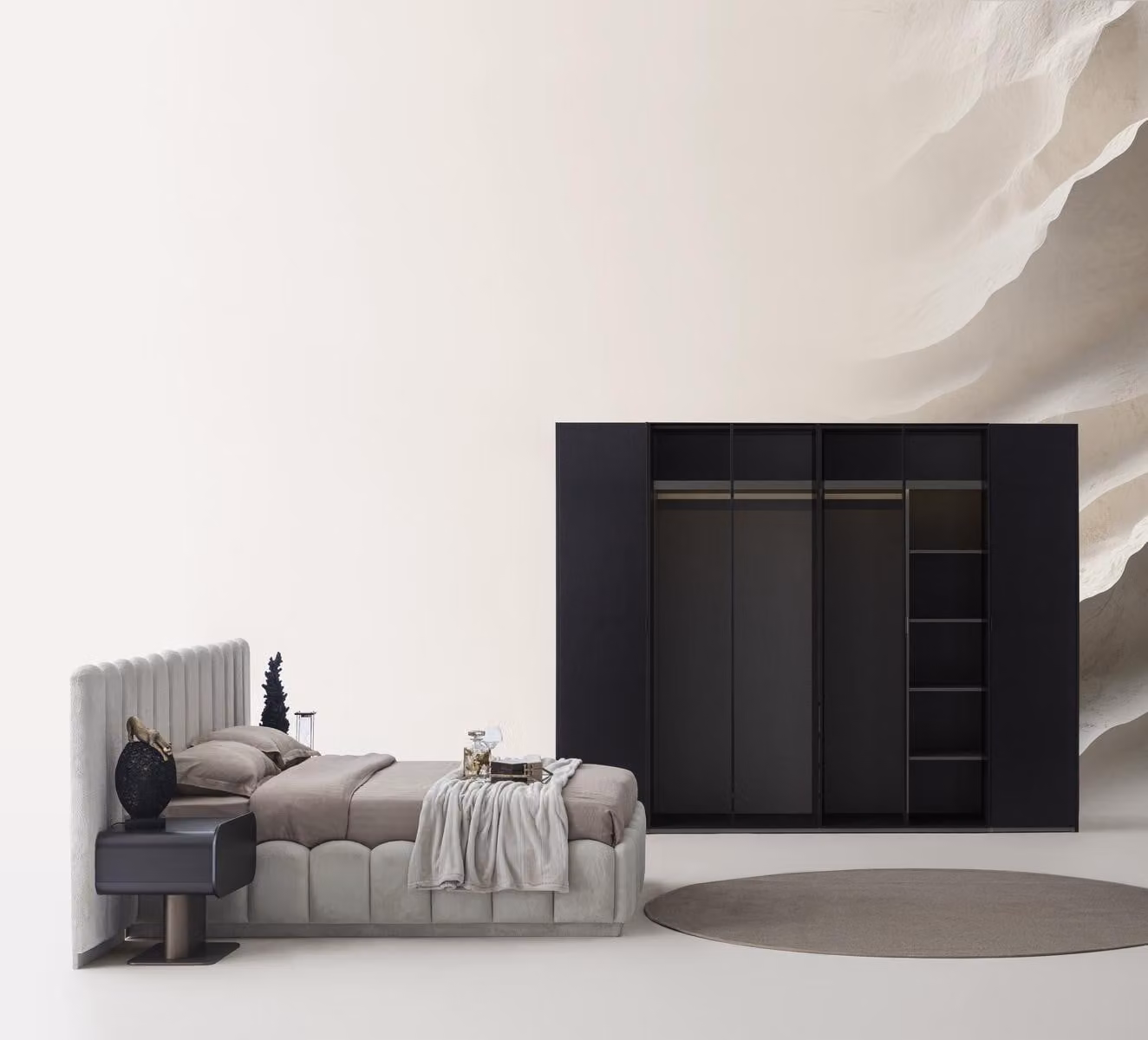 Set per camera da letto moderno, nero e beige, comprensivo di letto e armadio coordinati