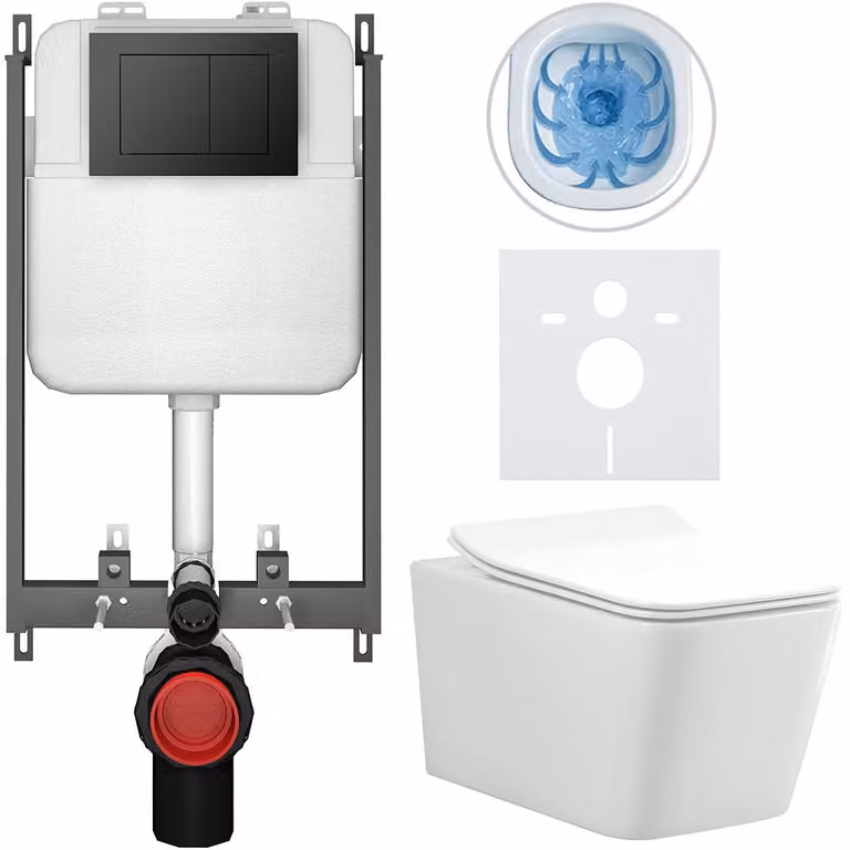 CERANO - Set completo per WC a pavimento Forte - bianco lucido - pulsante Prime/Maxio, nero - da incasso - 51x36 cm