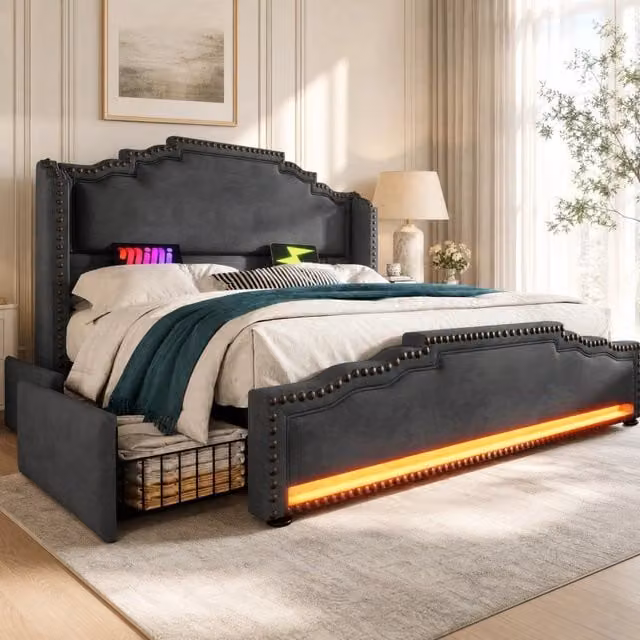 Letto matrimoniale 140x200 cm in velluto grigio con 4 cassetti; LED e porte USB-Type C