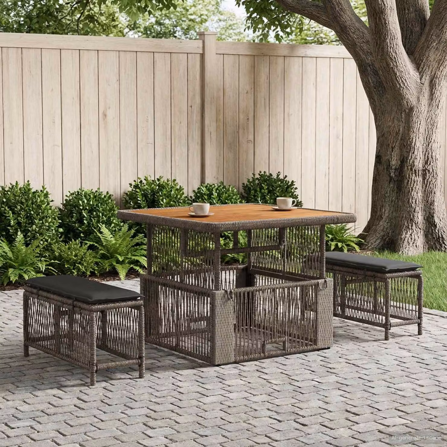 Set da pranzo per giardino e balcone vidaXL in rattan e legno di acacia, colore grigio e marrone, 3 pezzi
