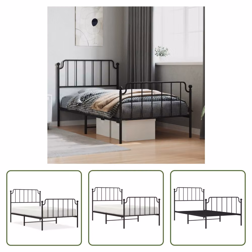 The Living Store Struttura letto con testiera e pediera in metallo nero 100x200 cm