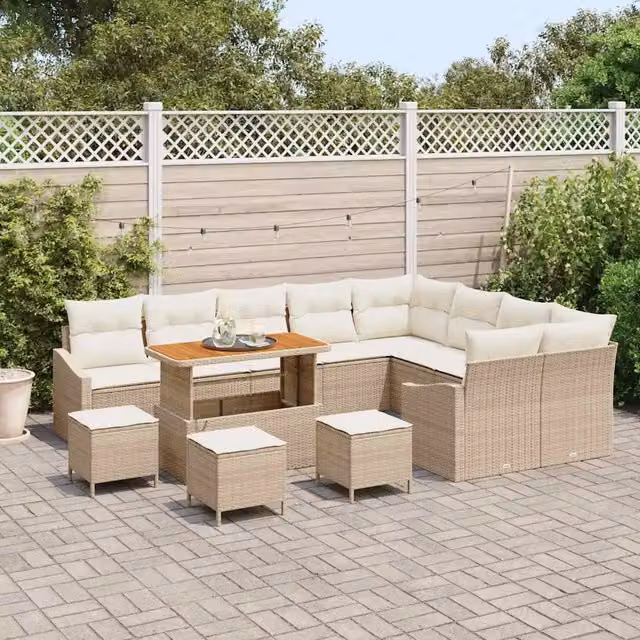 Set Divano da Giardino vidaXL a Forma a U con 13 Pezzi, Beige, con Cuscini e Tavolino, Struttura in Acciaio e Legno di Acacia – 1