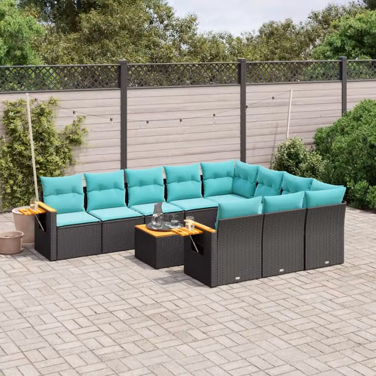 vidaXL Set Divani da Giardino 11 pz a Forma a L in Polyrattan Nero con Cuscini Blu e Coperture Rimovibili