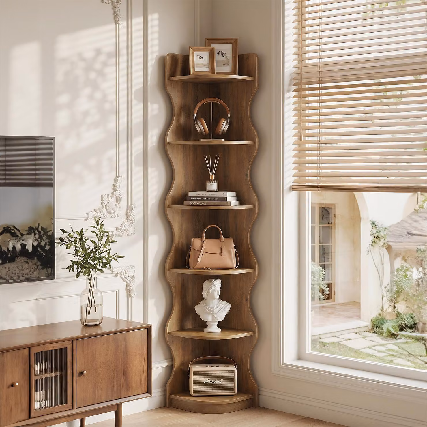 Scaffale angolare Tribesigns a forma di onda, moderna libreria angolare a 6 ripiani, 180 cm, esclusivo scaffale curvo, porta piante, libreria