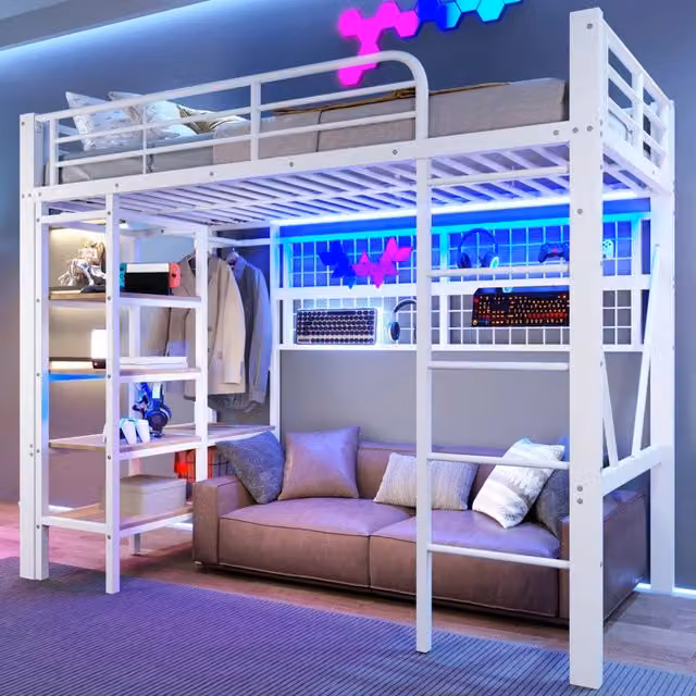 Letto a soppalco singolo moderno bianco con illuminazione LED, vano portaoggetti e appendiabiti in metallo e MDF, L/P/H: 90 x 200 x 180 cm