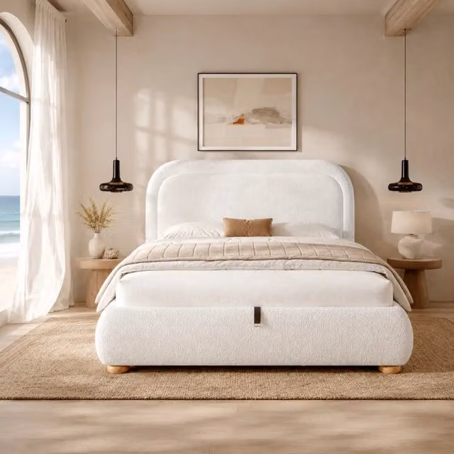 Letto contenitore Mivray con sollevamento idraulico, rete a doghe e testiera imbottita in bouclé bianco, L/P: 160 x 200 cm