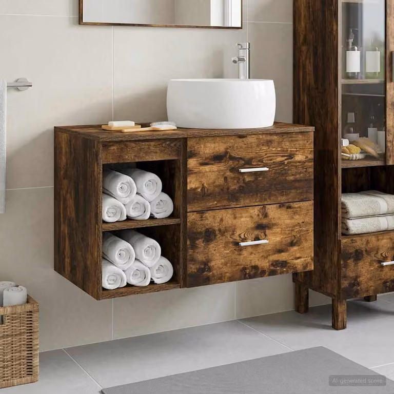 Set di mobili per il bagno moderno vidaXL composto da mobile lavabo e pensile a parete in MDF e legno, colore marrone opaco, L/P/H: 80,0 x 44,5 x 49,5 cm e L/P/H: 44,5 x 33,75 x 76,70 cm