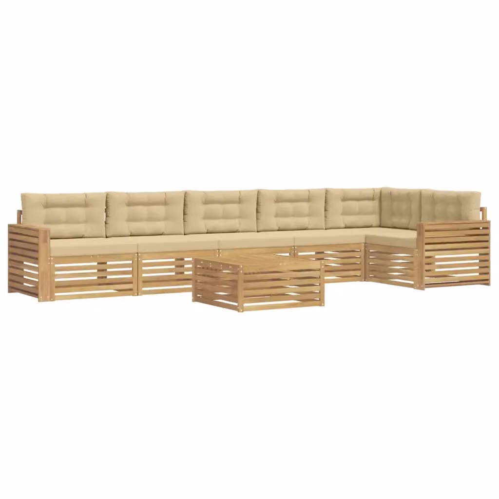 Set di divani da esterno a L vidaXL composto da 7 pezzi con tavolino da caffè, in legno di acacia e tessuto bianco e beige – 2