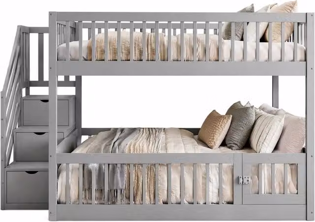 Letto a castello 140x200 cm con scala a cassetti; sponde in legno massello; grigio