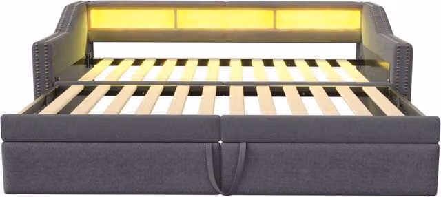 Letto divano letto imbottito estraibile 90/180 x 200 cm con LED, USB e due materassi a molle, grigio scuro