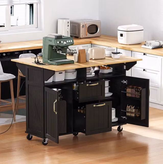 Isola da cucina mobile nera con ripiani estraibili, cassetti, portasciugamani e prese elettriche integrate 120x40-80x92 cm