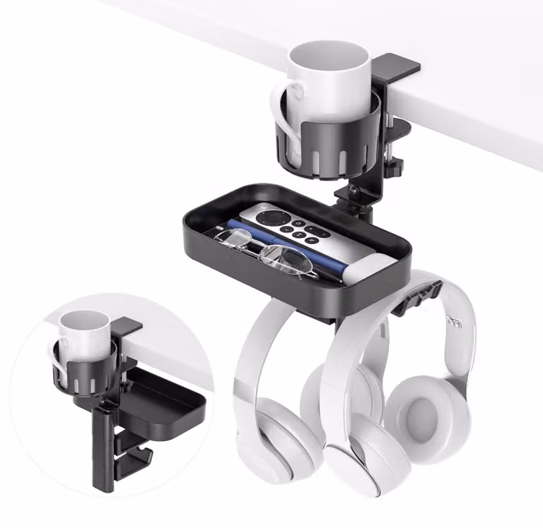Portabicchieri KDD per scrivania con 2 supporti per cuffie, portabicchieri 3-in-1 per il gaming con supporto per cuffie e cassetto girevole sotto la scrivania, morsetto a C robusto, senza necessità di foratura, ideale per casa, ufficio e scuola