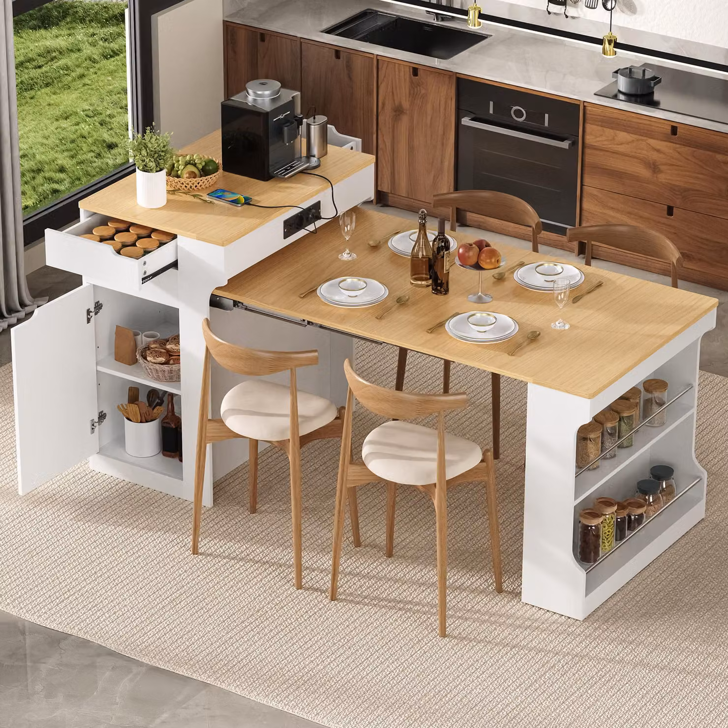 Tavolo allungabile con prese elettriche e due cassetti, ideale come tavolo da bar per cucina o sala da pranzo, dimensioni 55-153x80x93 cm, colore bianco