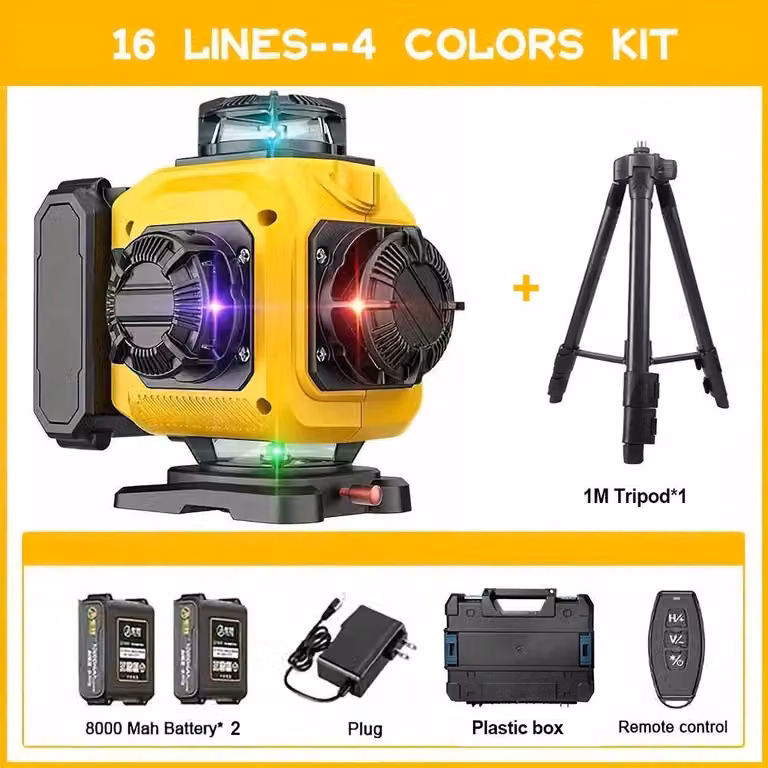 Livella laser - Livella laser a 16 linee, con raggio verde - Rotazione a 360° - Autolivellante, alta precisione - 2 batterie - Custodia in plastica - Ideale per costruzioni e ristrutturazioni - Colore: verde