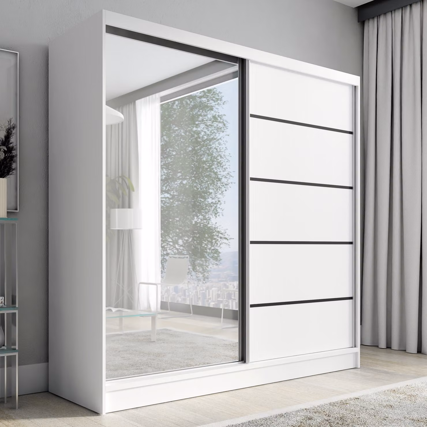Armadio a porte scorrevoli, a 2 ante con specchio NERO 2 200 cm (bianco)