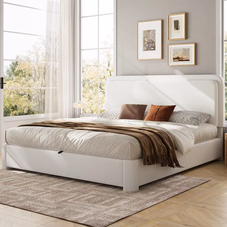Letto matrimoniale MODFU 160x200 con contenitore, struttura imbottita idraulica rivestita in tessuto bouclé, letto per ragazzi con poggiatesta regolabile in altezza, color beige (con materasso incluso)