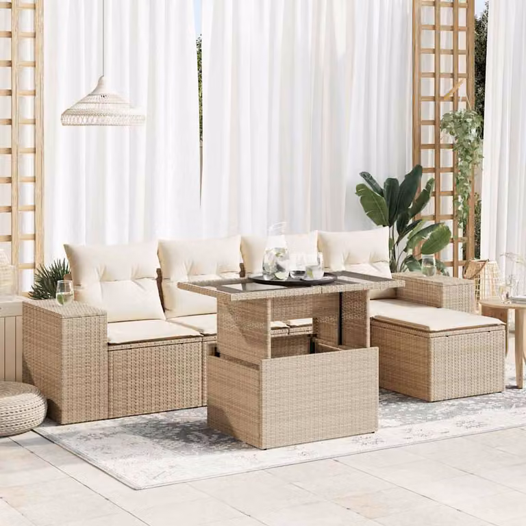 Set Divano da Giardino vidaXL 6 pz in Polyrattan Beige con Cuscini e Tavolino da Esterno