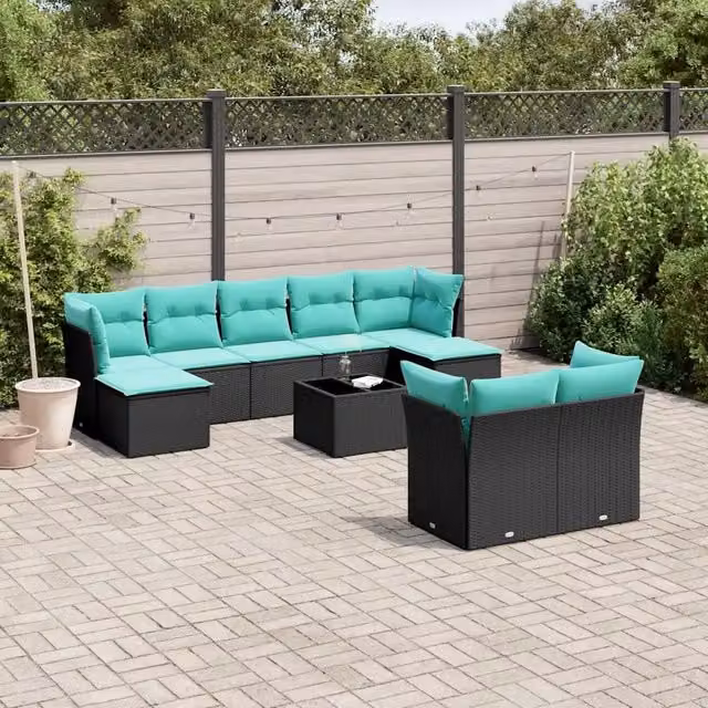 Set Divani da Giardino 10 pz con Cuscini Nero in Polyrattan 3218317