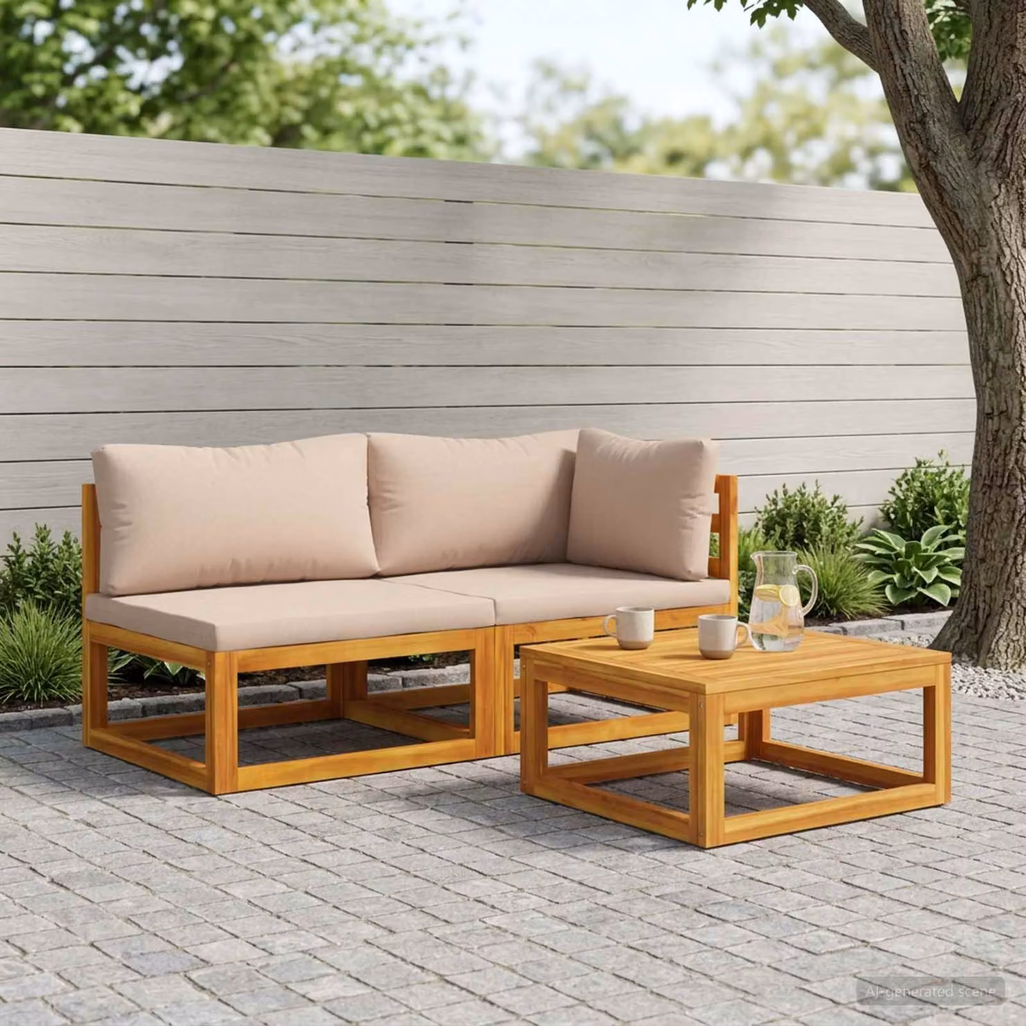 Set divano da giardino componibile a L vidaXL in legno di acacia con cuscini beige o grigi