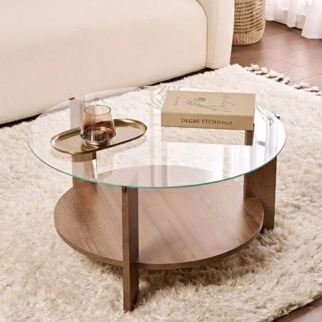 Tavolino da salotto rotondo DMORA con piano in vetro trasparente e struttura marrone, L/P/H: 75 x 75 x 40 cm – 1