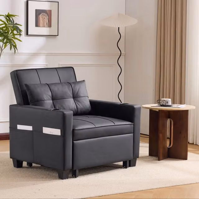 Poltrona letto estraibile 3 in 1 MIVRAY in similpelle nera con schienale regolabile, portabibite e tasca laterale con cuscino, L/P/H: 74 x 87 x 31 cm