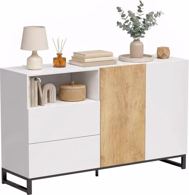 Per soggiorno, mobile sideboard moderno bianco 140x40x85 cm con 2 ante a chiusura ammortizzata, 2 cassetti, vano aperto e telaio in acciaio