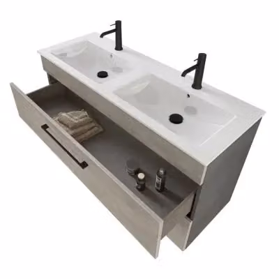 Mobile bagno sospeso INBAGNO Smart grigio e bianco con specchio LED e cassettoni con chiusura soft close L: 118 cm, P: 42 cm, H: 62 cm – 2