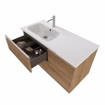 Mobile bagno sospeso Master INBAGNO in rovere miele con lavabo a sinistra, cassetti, anta e specchio con illuminazione LED, Larghezza: 100 cm – 2