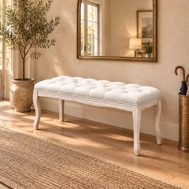 Panca imbottita per camera con rivestimento effetto lino e gambe curve antiscivolo in beige 110×40×48 cm