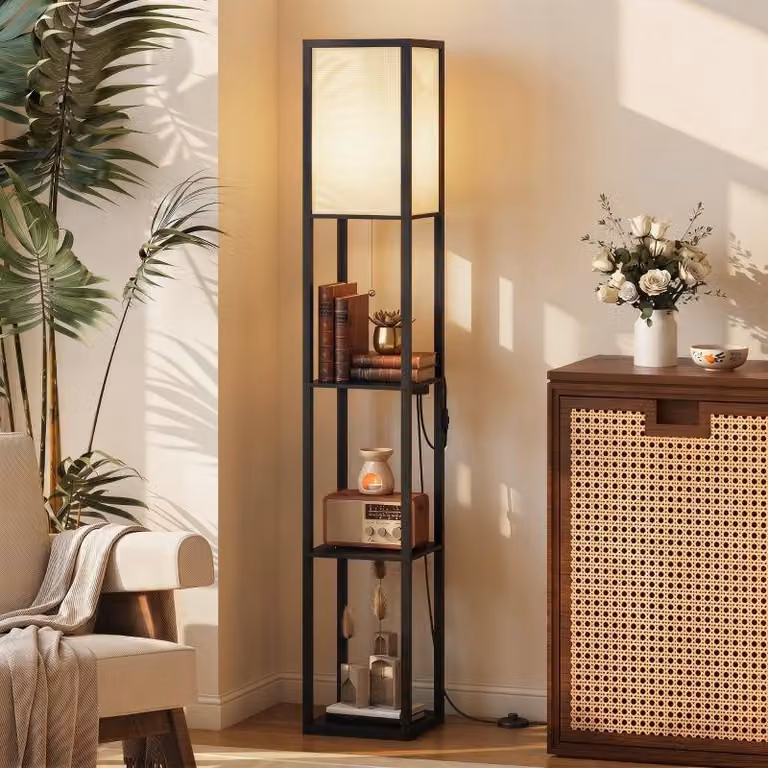 Lampada da terra LED Moonbite con 3 ripiani, dimmerabile in 3 livelli, temperatura di colore 5000 K, con interruttore a catena, porta USB e presa di corrente, dimensioni 26 × 161 cm, realizzata in polietilene, colore nero