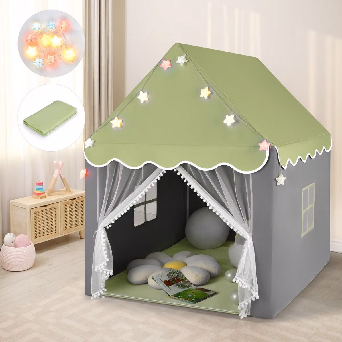 Tenda da gioco per bambini Costway modello castello fatato con luci a forma di stella e tappetino lavabile, Verde
