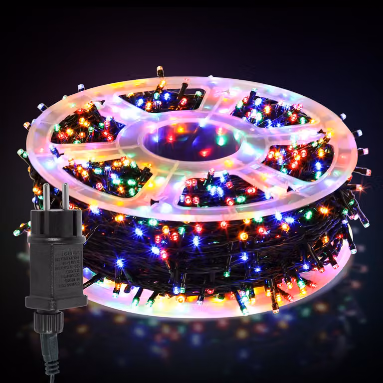Catena luminosa LED Ikodm, 100 metri, 500 LED colorati, 8 modalità di illuminazione, funzione di memoria, cavo di alimentazione da 5 metri, cavo verde scuro, ideale per Natale e feste