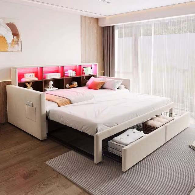 Letto Imbottito Contenitore con LED ¨C MINIMAL ¨C Velluto Beige, 2 Cassetti, 90x190/180x190