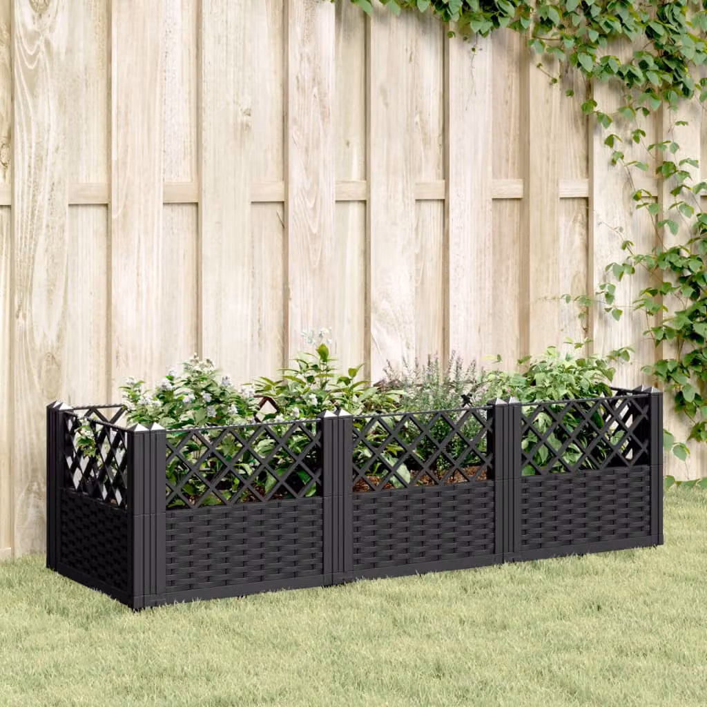 Fioriera da giardino con picchetti vidaXL nera in plastica L: 123,5 cm, P: 43,5 cm, H: 43,5 cm