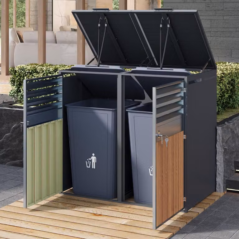 STILVORA: box per bidoni della spazzatura con coperchio ribaltabile e sistema di chiusura idraulico, armadio per bidoni della spazzatura con aperture di ventilazione e lamelle, nonché telaio in acciaio zincato; box per bidoni della spazzatura con due ante