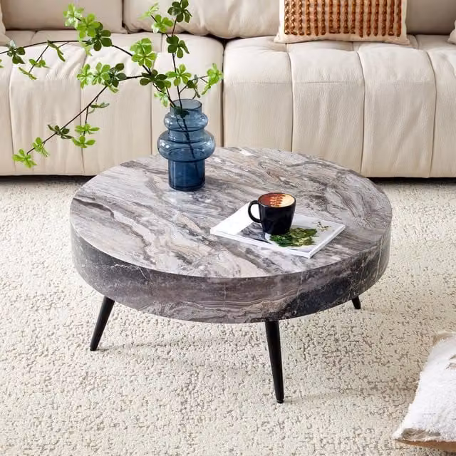 Tavolino basso fisso rotondo con piano in MDF effetto marmo grigio e gambe in metallo nero diametro 70 cm